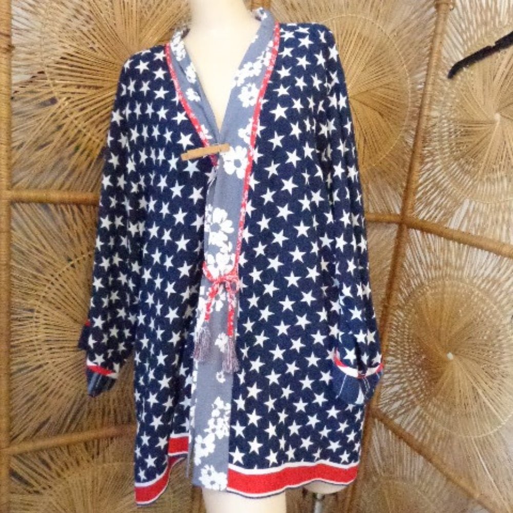 NWT 2xl John & Mark Red White Blue Stars Flag NAUTICAL Summer Jacket Shrug